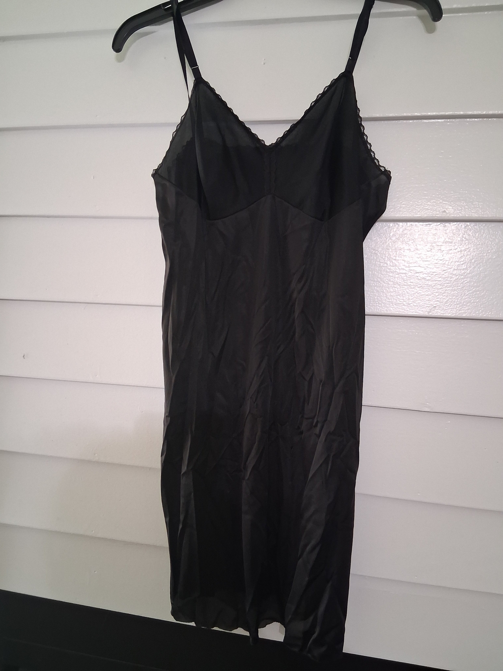 Black Satin Slip Chemise with Lace Trim